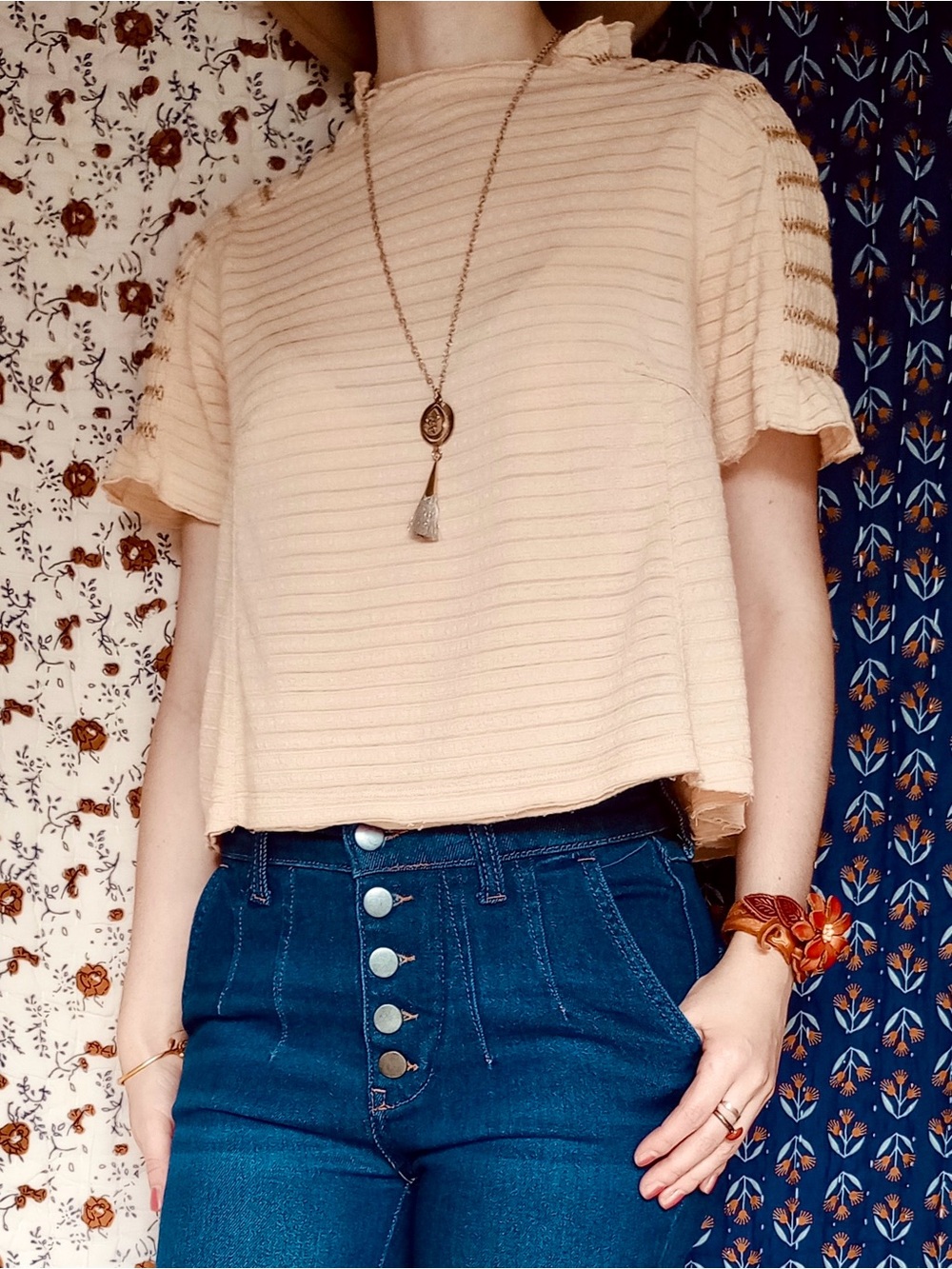 Free People ❉ Sweetie Smocked Mock Neck Ribbed Crop Top Peach Tan Cantaloupe XS